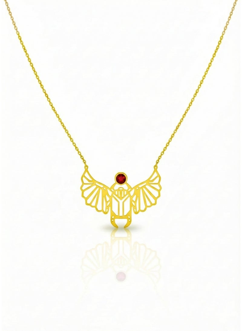 قلادة الجعران المجنّح بحجر أحمر – الرمز الفرعوني للحماية والنهضة – ستانلس ستيل 316 ضد الصدأ – ذهبي - Image 1